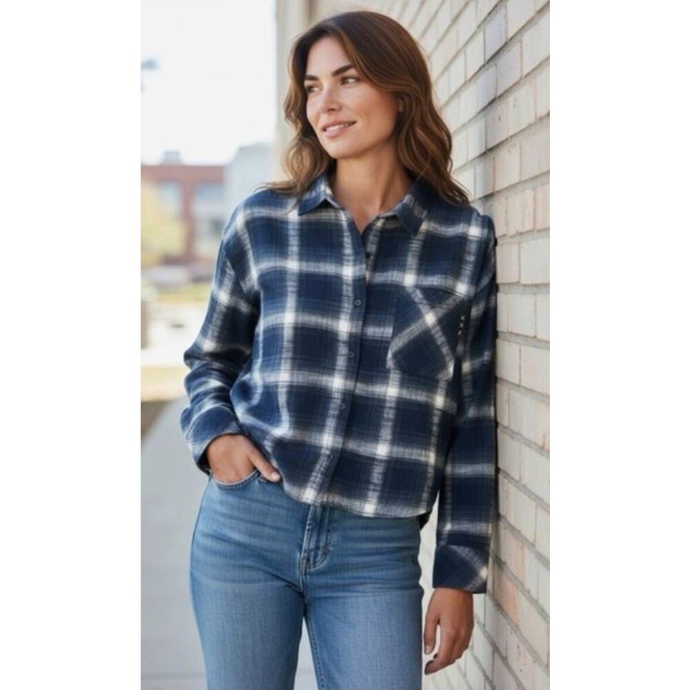 Scotch & Soda Navy Plaid Flannel Body Fit Cropped Button Down Shirt Large Luxury